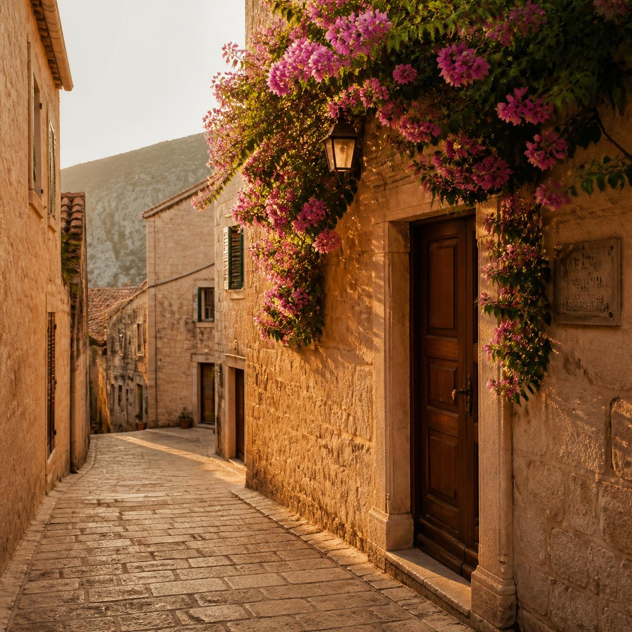 Quiet Croatian village street near Plitvice at golden hour
